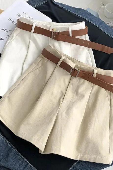 Casual High-waist Cotton Shorts With Leather Belt