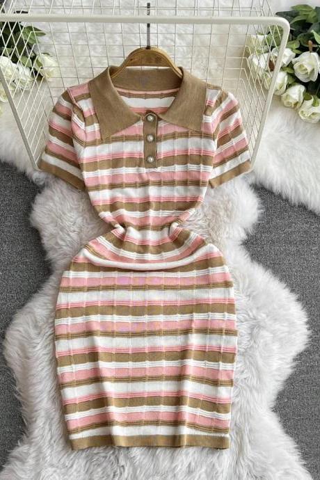 Casual Striped Polo-style Knit Dress With Collar