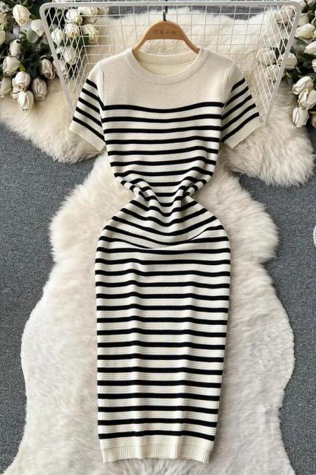 Summer Striped Beach Knitted Dress O Neck Short Sleeves Chic Hotsweet Slim Sundress Streetwear Y2k Bodycon Midi Dress