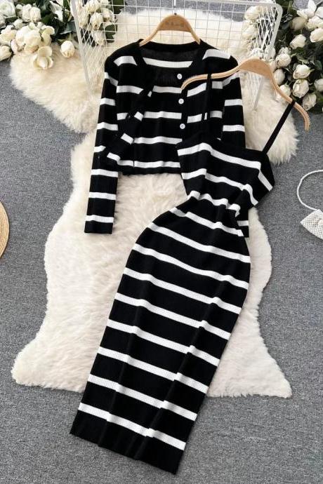 Black and White Striped Knitted Skirt and Top Set