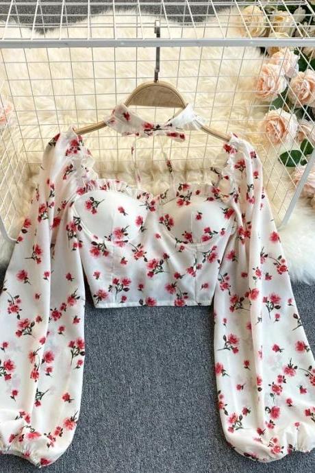 Womens Floral Print Long Sleeve Crop Top Blouse