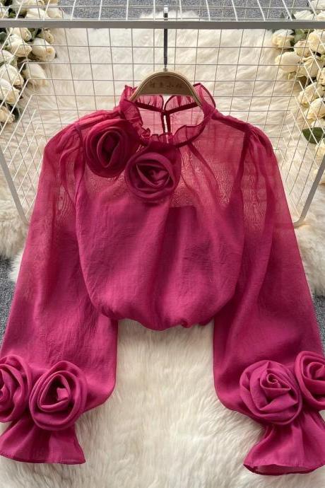 Elegant Magenta Chiffon Blouse With Rose Accents