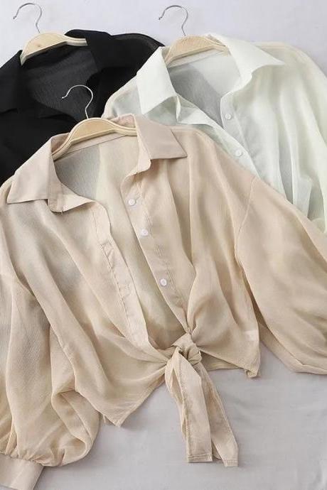 Womens Casual Tie-front Solid Color Blouse Selection