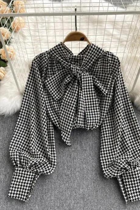 Womens Black And White Houndstooth Bow Blouse