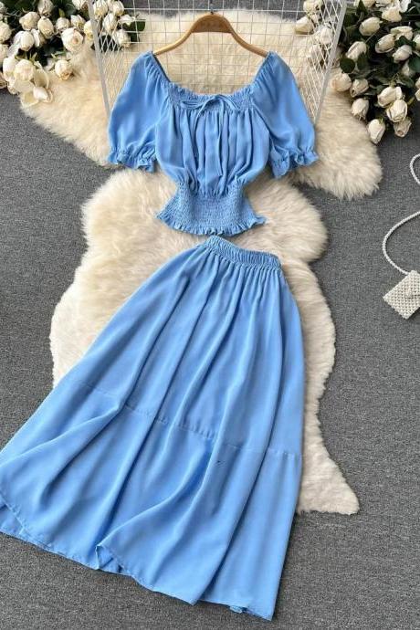 Womens Elastic Waist Puff Sleeve Maxi Dress Blue