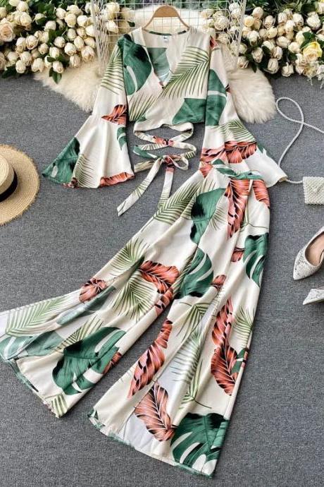 Womens Tropical Print V-neck Maxi Dress With Belt