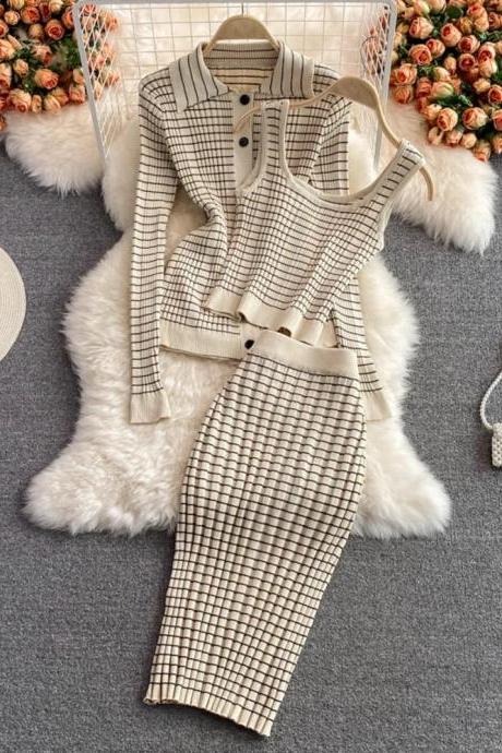 Elegant Plaid Skirt Suit With Matching Cropped Vest