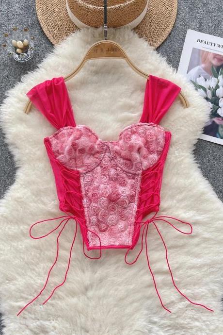 Womens Pink Lace Corset Top With Ribbon Ties