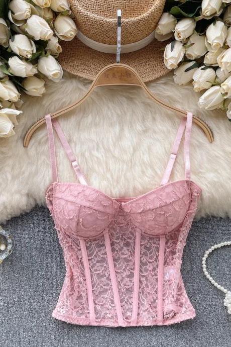 Vintage-inspired Pink Lace Corset Top Lingerie