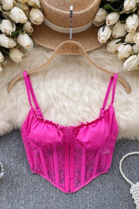 Womens Satin Lace-up Corset Crop Top In Pink
