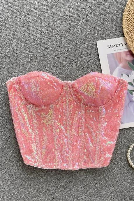 Womens Pink Sequined Bustier Crop Top Fashion