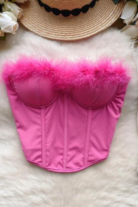Womens Pink Satin Corset With Feather Trim Detail