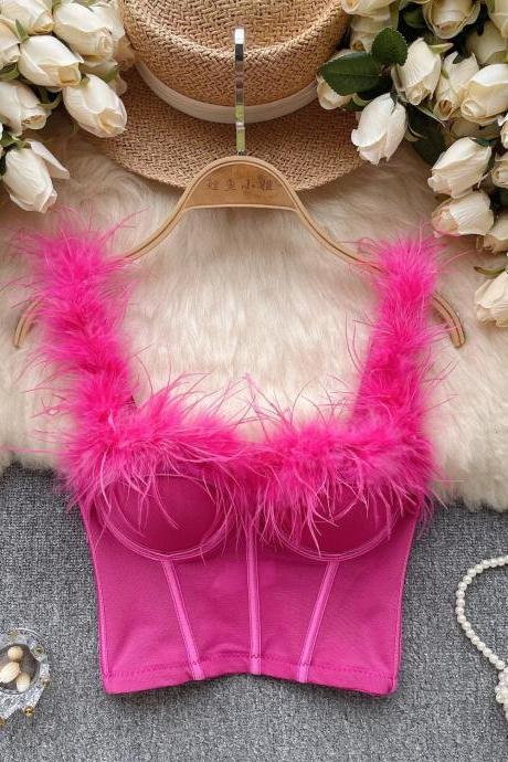 Womens Hot Pink Feather Trim Bustier Crop Top