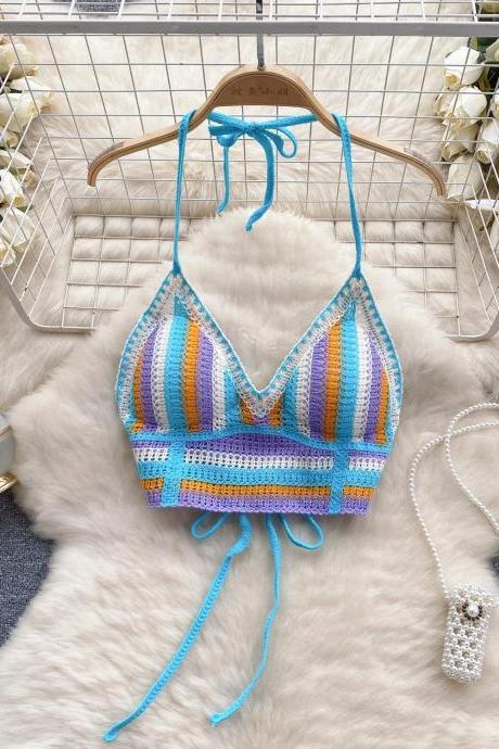 Bohemian Crochet Knit Halter Neck Bikini Top Colorful