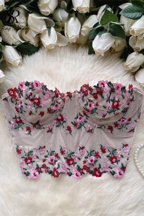 Floral Embroidered Mesh Corset Bustier Crop Top