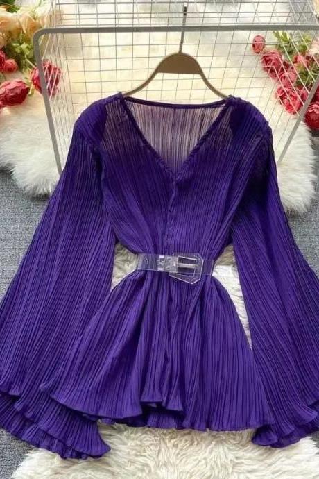 Elegant Purple Pleated Dress With Flared Sleeves And Belt