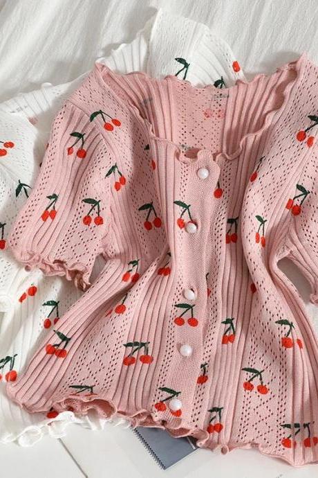 Girls Cherry Print Knit Cardigan With Ruffle Trim