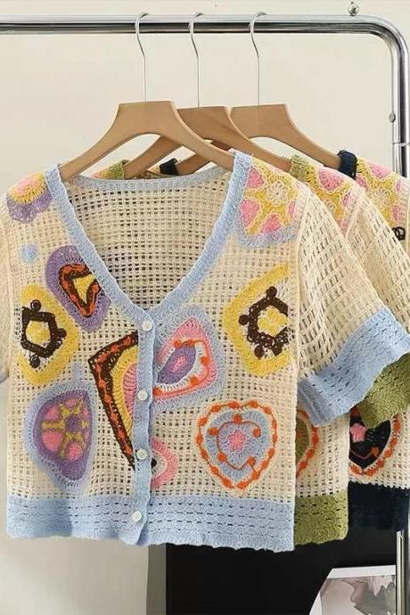 Bohemian Crochet Knit Cardigan With Colorful Patterns