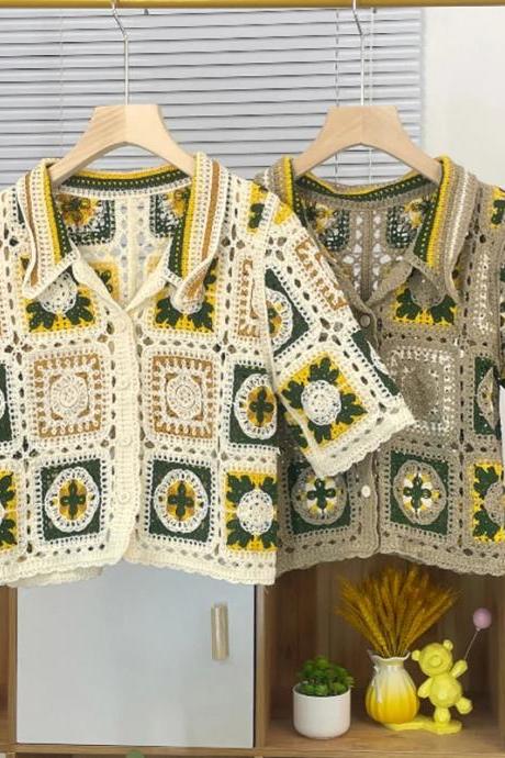 Handmade Crochet Floral Pattern Short Sleeve Cardigan