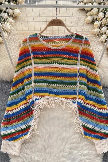 Bohemian Crochet Rainbow Striped Fringe Hem Sweater