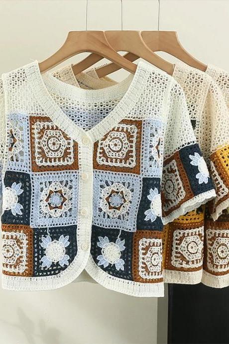 Bohemian Crochet Knit Patchwork Cardigan With Short Sleeves