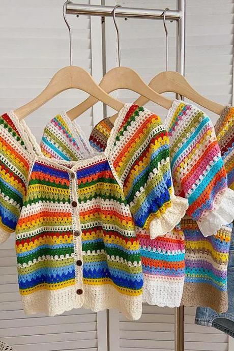 Handmade Multicolored Crochet Knit Cardigan Sweater Jacket