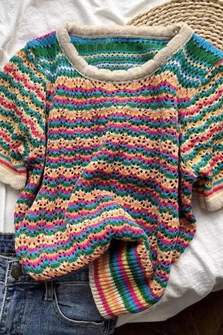 Womens Colorful Striped Crochet Knit Short Sleeve Sweater