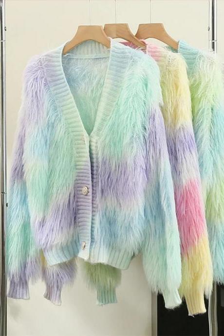 Womens Colorful Faux Fur Cardigan With Button Closure