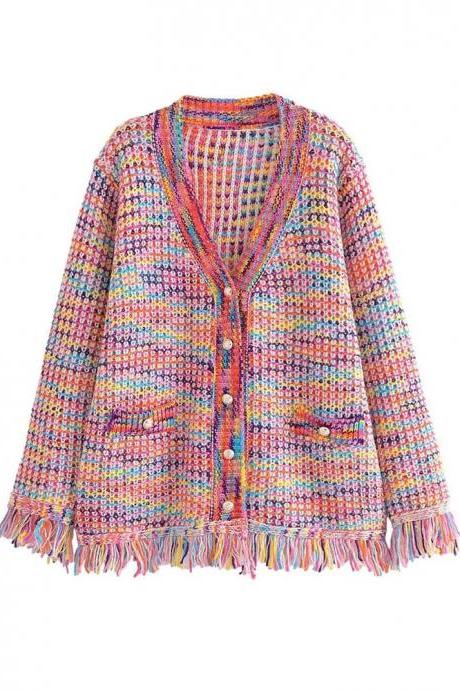 Colorful Handmade Knitted Fringed Cardigan For Women