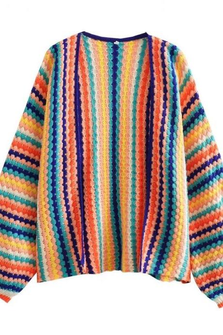 Colorful Striped Crew Neck Knit Sweater Unisex Casual