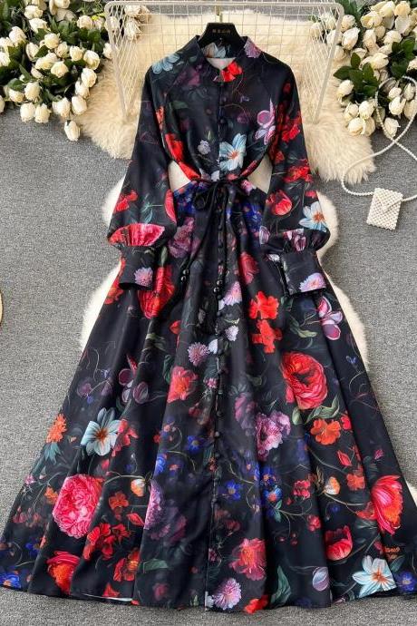Elegant Long-sleeve Floral Maxi Dress With Belt