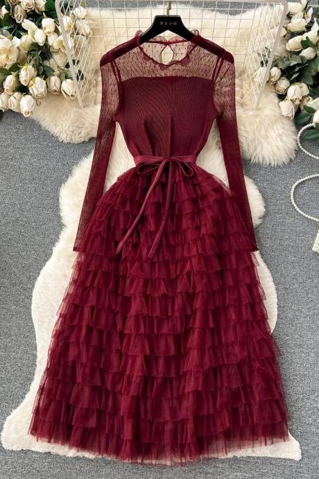 Elegant Burgundy Lace Long Sleeve Tulle Evening Dress