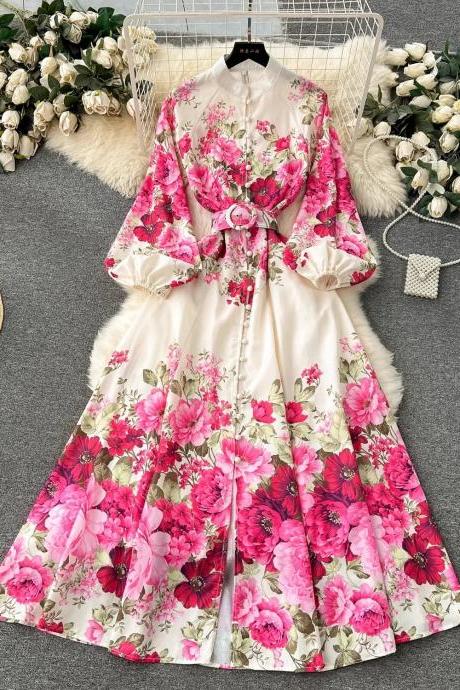 Elegant Floral Print Belted Midi Dress For Women