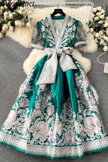Elegant Green Embroidered Maxi Dress With Sash Belt