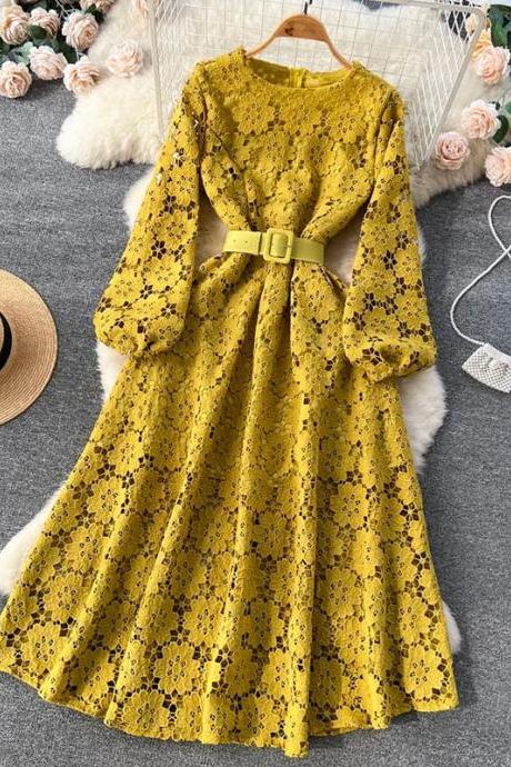 Elegant Long Sleeve Yellow Lace Belted Dress