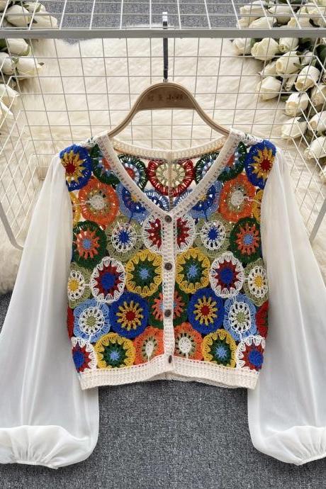 Bohemian Crochet Flower Cardigan With Sheer Bishop Sleeves