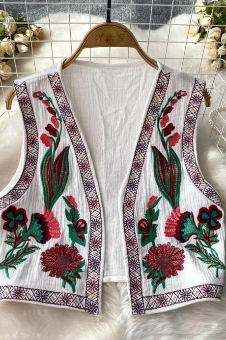 Bohemian Embroidered Floral White Cotton Womens Vest