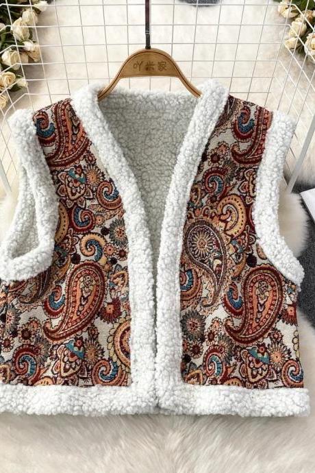 Womens Bohemian Print Sherpa-lined Sleeveless Vest Jacket