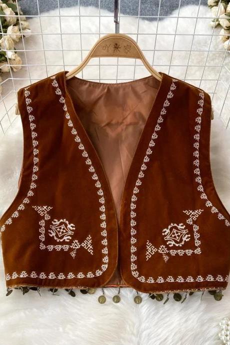 Bohemian Embroidered Velvet Vest With Tassel Detail