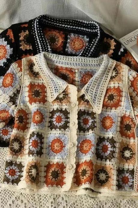 Bohemian Floral Crochet Knit Short Sleeve Cardigan Sweater