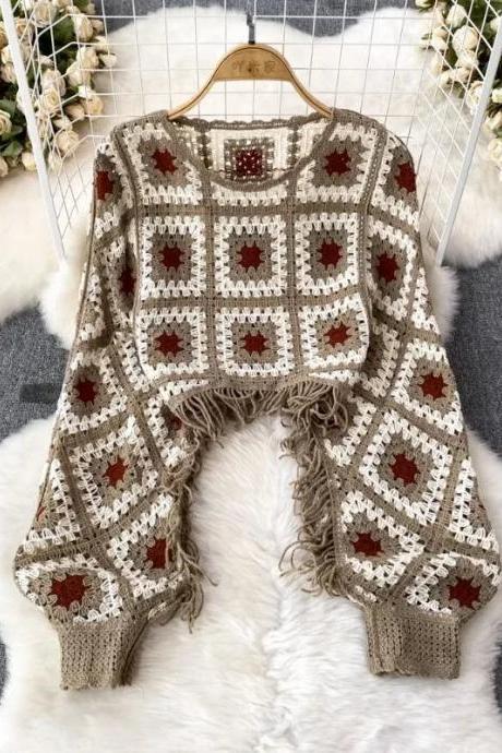 Bohemian Crochet Knit Tassel Poncho With Geometric Patterns