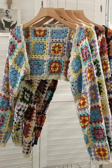 Handmade Colorful Granny Square Crochet Cardigan Sweater
