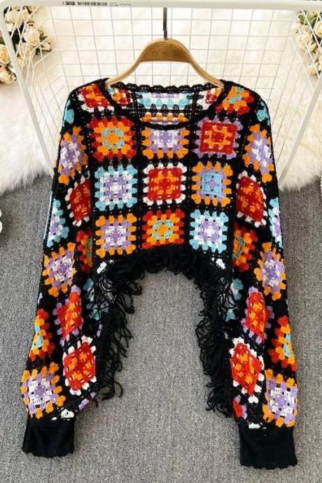 Bohemian Crochet Fringe Kimono Cardigan With Colorful Squares