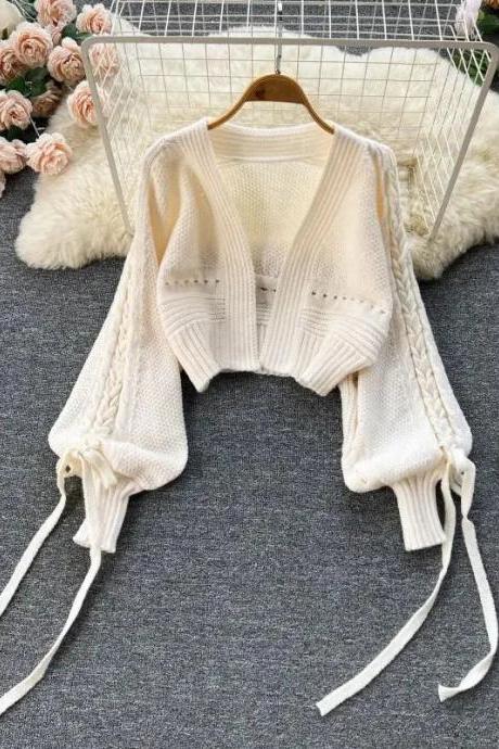 Womens Casual Knit Tie-front Crop Cardigan Sweater