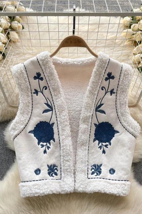 Floral Embroidered Sherpa Fleece Vest For Girls