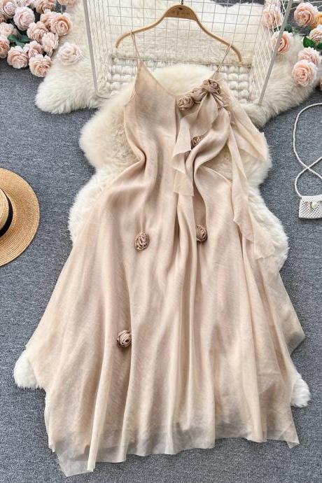 Elegant Beige Sleeveless Dress With Rose Accents