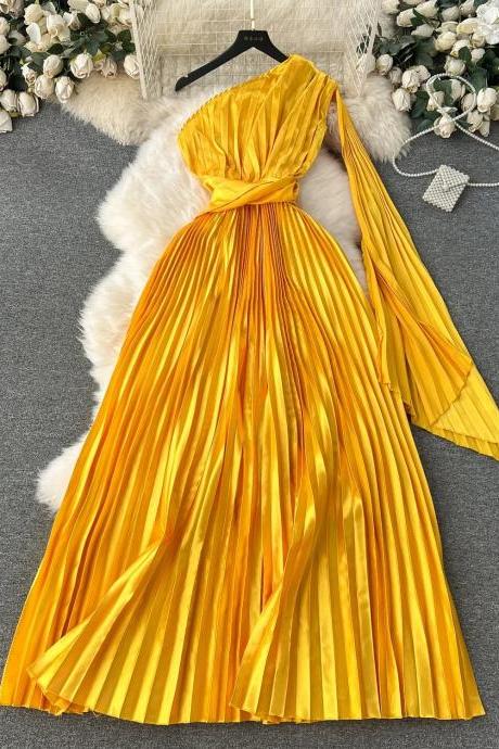 Elegant One-shoulder Pleated Yellow Maxi Evening Gown