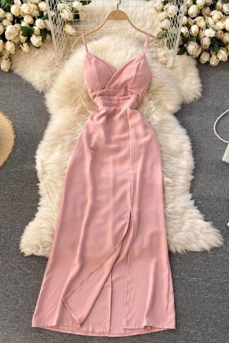Elegant Satin V-neck Sleeveless Pink Midi Dress