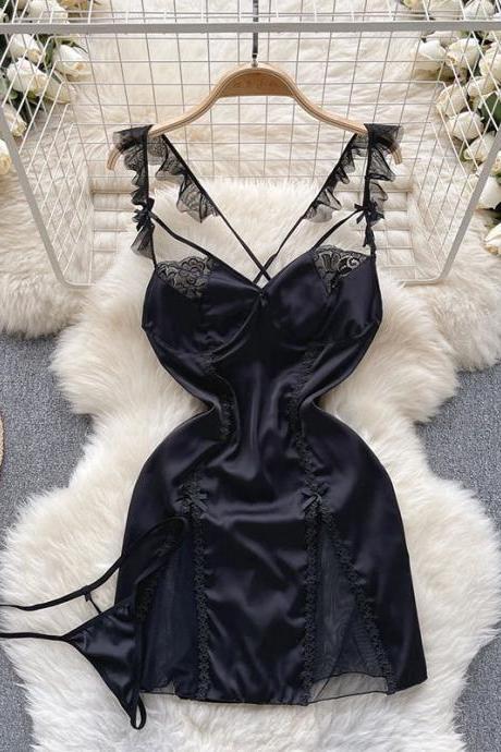 Elegant Satin Lace Trim V-neck Nightdress With Straps