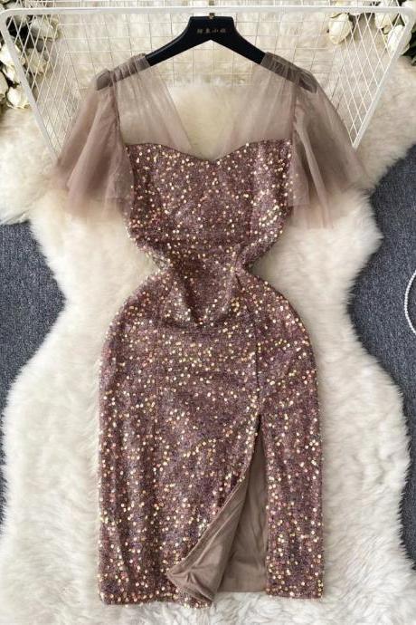 Womens Sparkly Sequin Long-sleeve Cocktail Party Dress